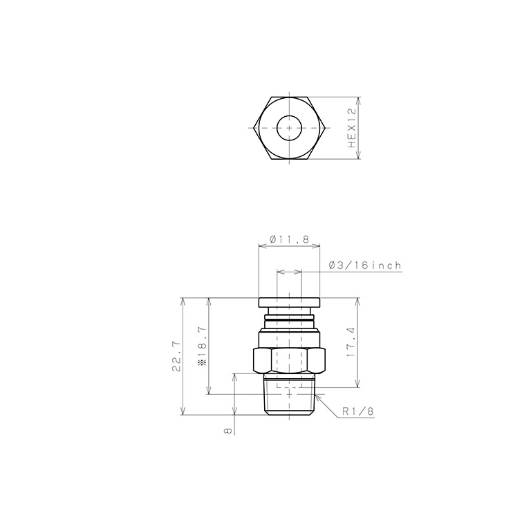 Bản vẽ kỹ thuật Đầu Nối Nhanh Khí Nén Dạng Thẳng Thân Lục Giác Ren Ngoài Pisco PC3/16-01-C
