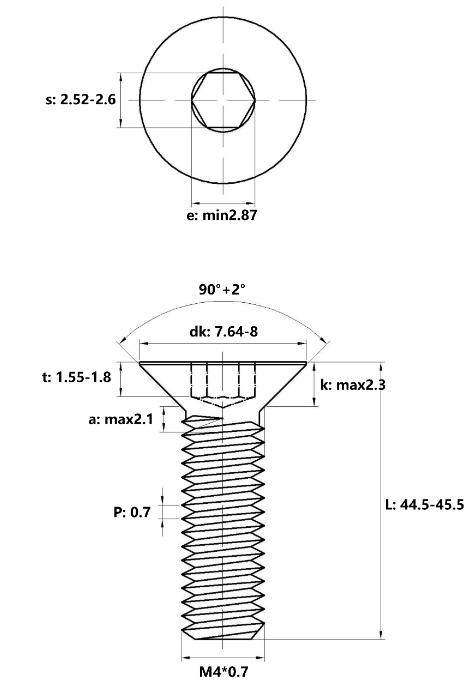 Bản vẽ kỹ thuật Lục Giác Chìm Col Thép Đen 10.9 DIN7991 M4x45 (50Cái/Bịch)