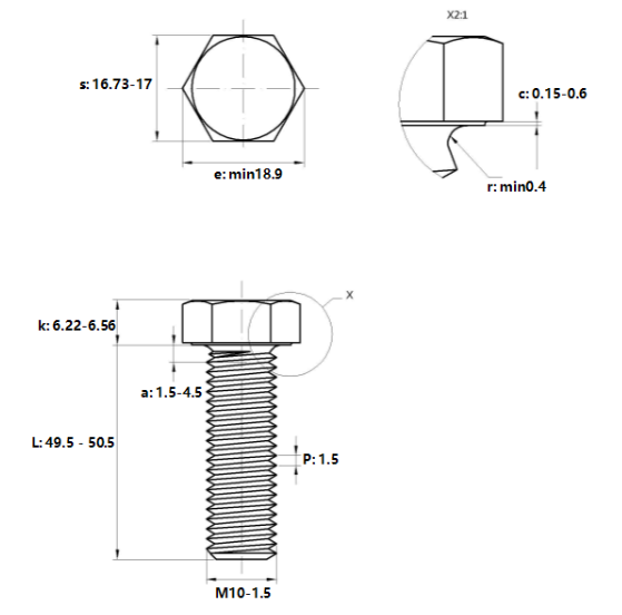 Bản vẽ kỹ thuật Bulong Nhúng Nóng 8.8 DIN933 M10x50