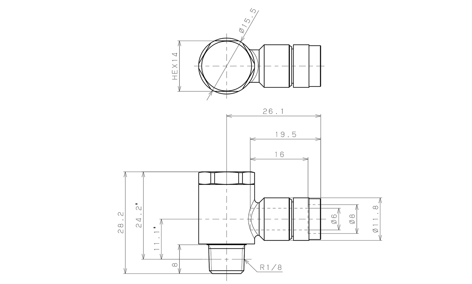 Bản vẽ kỹ thuật Đầu Nối Nhanh Khí Nén Cong 90° Đầu Lục Giác Trụ Ren Ngoài Pisco KH6-01-F