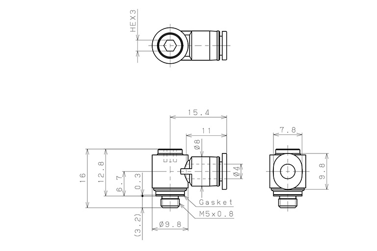 Bản vẽ kỹ thuật Đầu Nối Nhanh Khí Nén Dạng Cong 90° Đầu Lục Giác Chìm Ren Ngoài Pisco POL4-M5M-C