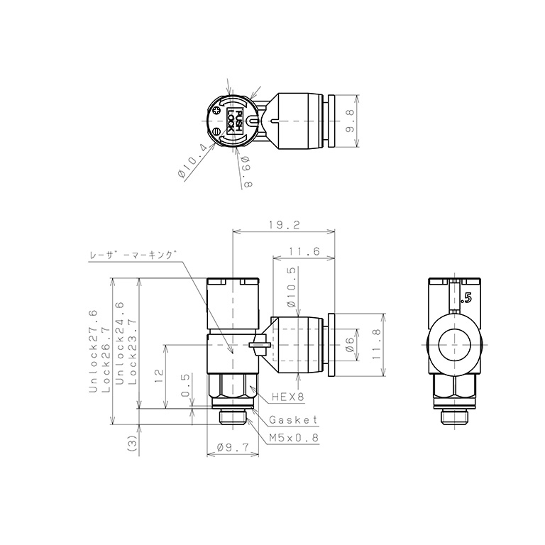 Bản vẽ kỹ thuật Van Tiết Lưu Khí Nén Loại Khóa Đẩy Có Hiển Thị Chỉ Số Pisco JSGC6-M5BLW