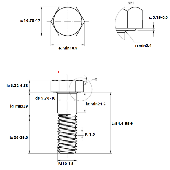 Bản vẽ kỹ thuật Bulong Thép Đen 8.8 DIN931 M10x55 Ren Lửng