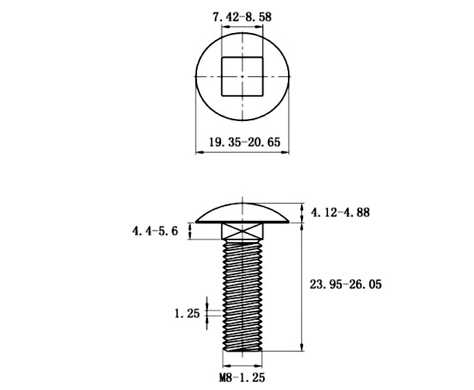 Bản vẽ kỹ thuật Bulong Cổ Vuông Thép Mạ Kẽm 4.8 DIN603 M8x25