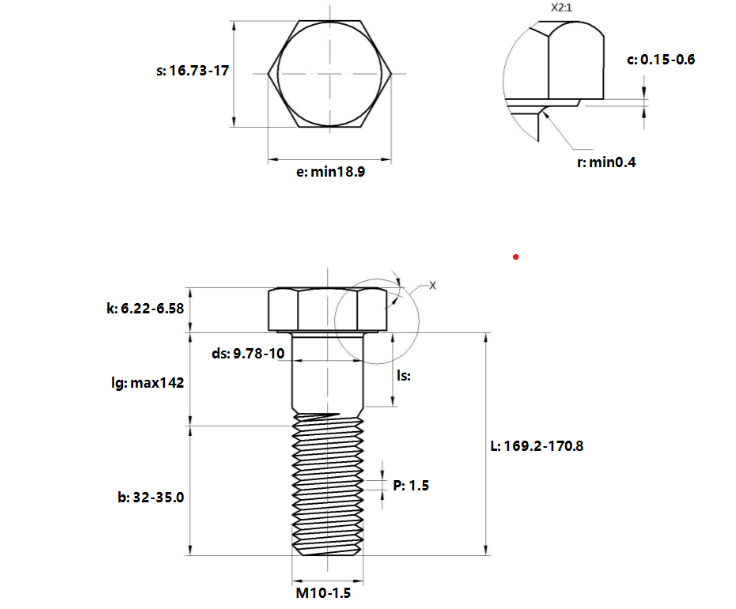 Bản vẽ kỹ thuật Bulong Thép Đen 8.8 DIN931 M10x170 Ren Lửng