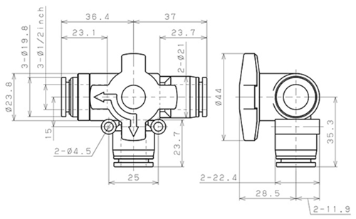 Bản vẽ kỹ thuật Van Chuyển Hướng Khí Nén Ba Ngã Pisco HBV1/2-1/2