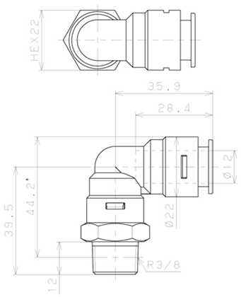 Bản vẽ kỹ thuật Đầu Nối Nhanh Khí Nén Dạng Cong 90° Ren Ngoài Pisco APL12-03-E-TP