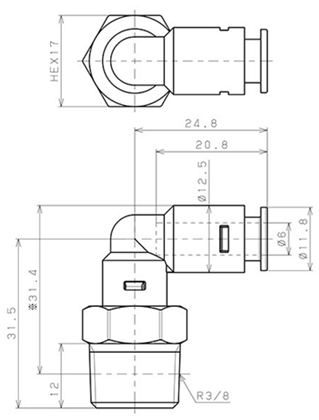 Bản vẽ kỹ thuật Đầu Nối Nhanh Khí Nén Dạng Cong 90° Ren Ngoài Pisco APL6-03-E-C
