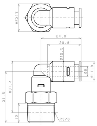 Bản vẽ kỹ thuật Đầu Nối Nhanh Khí Nén Dạng Cong 90° Ren Ngoài Pisco APL6-03-N