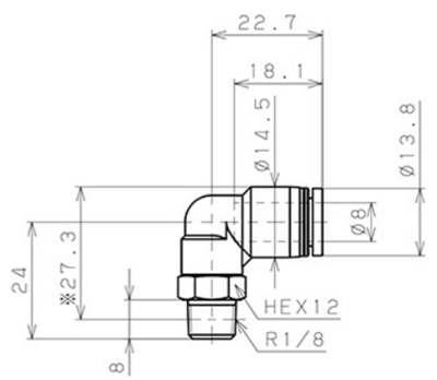 Bản vẽ kỹ thuật Đầu Nối Nhanh Khí Nén Cong 90° Phi 8mm Ren Ngoài R1/8 Pisco PL8-01