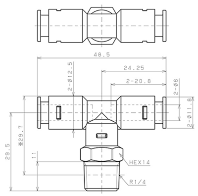 Bản vẽ kỹ thuật Đầu Nối Nhanh Khí Nén Dạng Chữ T Ren Ngoài Pisco APB6-02-N-C