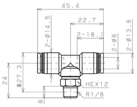 Bản vẽ kỹ thuật Đầu Nối Nhanh Khí Nén Chữ T Phi 8mm Ren Ngoài R1/8 Pisco PB8-01