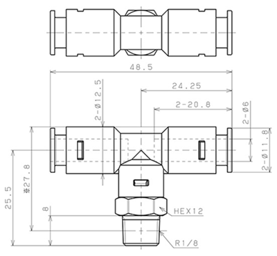 Bản vẽ kỹ thuật Đầu Nối Nhanh Khí Nén Dạng Chữ T Ren Ngoài Pisco APB6-01