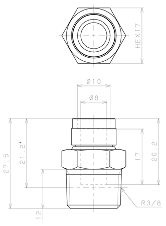 Bản vẽ kỹ thuật Đầu Nối Nhanh Khí Nén Thẳng Phi 8mm Ren Ngoài R3/8 Pisco KC8-03