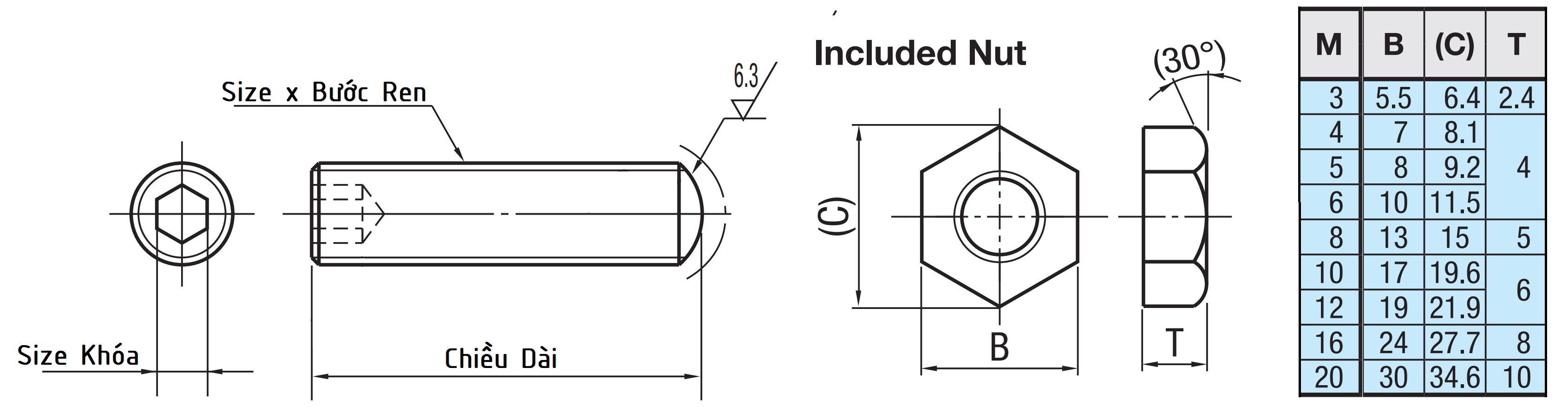 Bản vẽ kỹ thuật Adjusting Stopper Screws Hex Socket Coarse M4x40 ANBNM4-40