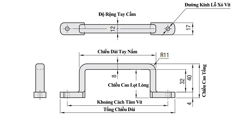 Bản vẽ kỹ thuật Tay Nắm Cửa Chữ U Inox 304 Đánh Bóng W 12 mm x L 120 mm (USASTS120)