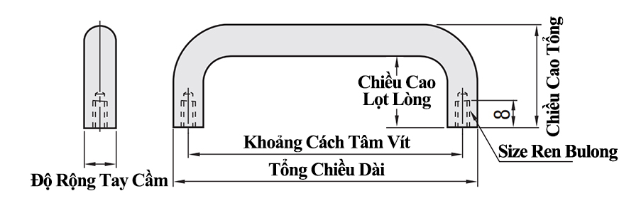 Bản vẽ kỹ thuật Tay Nắm Cửa Chữ U Inox 304 Đánh Bóng Phi 9 mm x L 66 mm (UWANCS9-66)