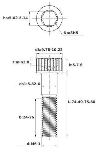 Bản vẽ kỹ thuật Lục Giác Chìm Đầu Trụ Inox 304 DIN912 M6x75 Ren Lửng