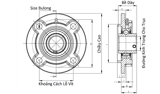 Bản vẽ kỹ thuật Gối Đỡ Vòng Bi UCFC 205 Asahi (d25) Mặt Bích Tròn