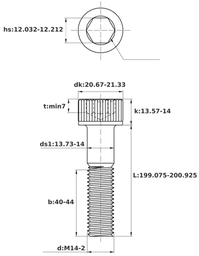 Bản vẽ kỹ thuật Lục Giác Chìm Đầu Trụ Thép Đen 12.9 DIN912 M14x200 Ren Lửng