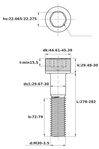 Bản vẽ kỹ thuật Lục Giác Chìm Đầu Trụ Thép Đen 12.9 DIN912 M30x280 Ren Lửng