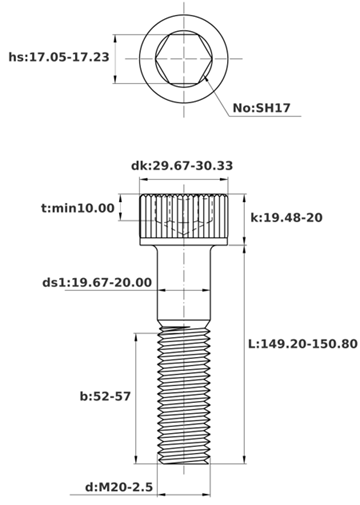 Bản vẽ kỹ thuật Lục Giác Chìm Đầu Trụ Thép Đen 12.9 DIN912 M20x150 Ren Lửng
