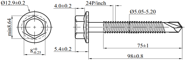 Bản vẽ kỹ thuật Vít Tôn Đầu Lục Giác MS-PRO 4.8x100mm (200 Cái)