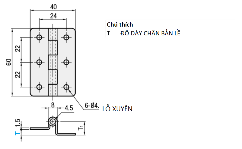 Bản vẽ kỹ thuật Bản Lề Lá Stepped Inox 304 Đánh Bóng (HHSD1.2) L 60 mm
