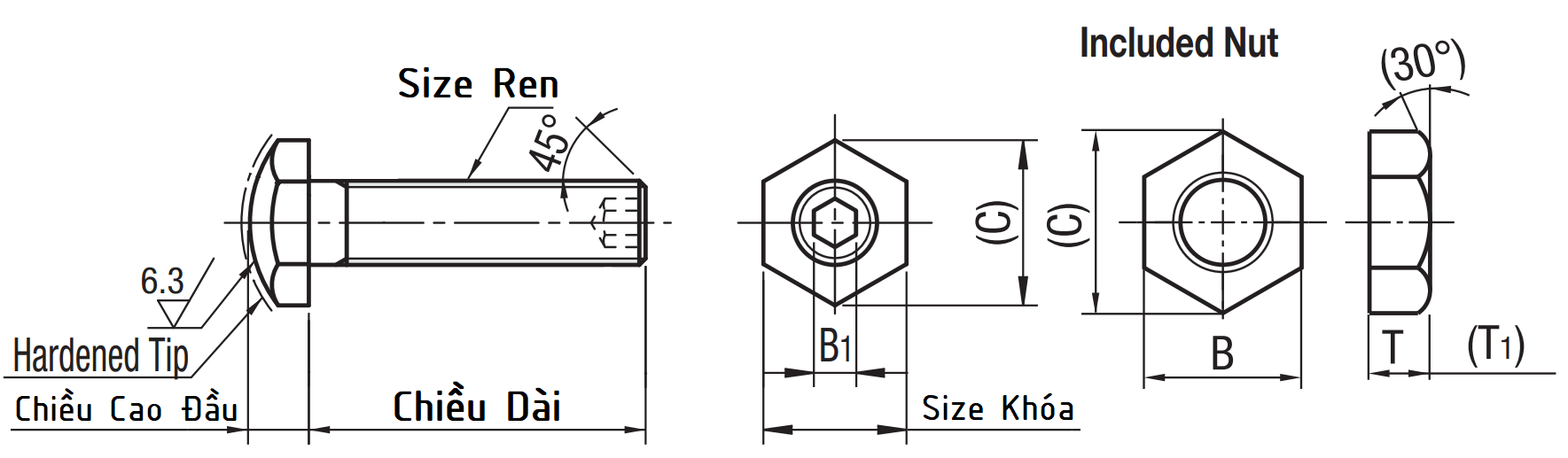 Bản vẽ kỹ thuật Locating Bolts Hex Socket Round Head Coarse M12x40 STBC12-40