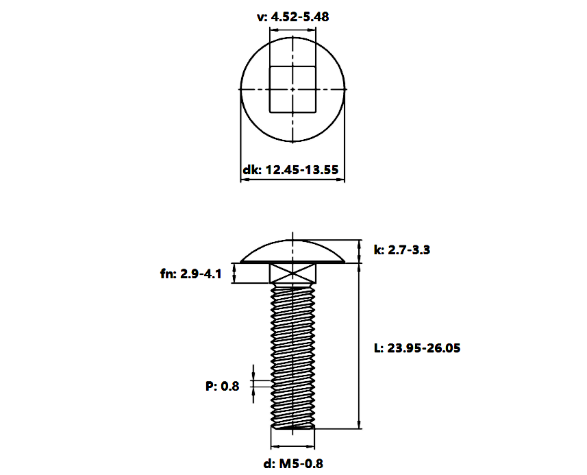 Bản vẽ kỹ thuật Bulong Cổ Vuông Thép Mạ Kẽm 4.8 DIN603 M5x25