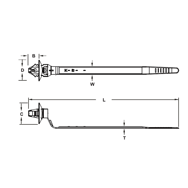 Bản vẽ kỹ thuật Dây Rút Nhựa Dạng Đẩy Push Mount Màu Trắng 115 X 6.0 mm KST KPM-115