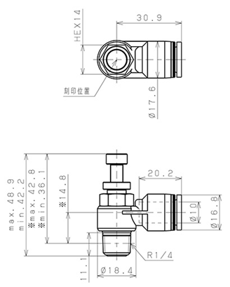 Bản vẽ kỹ thuật Van Tiết Lưu Khí Nén Cong 90° OD 10mm Ren Ngoài R1/4 Pisco JSC10-02A