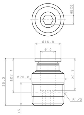 Bản vẽ kỹ thuật Đầu Nối Nhanh Khí Nén Thẳng Phi 10mm Ren Ngoài R1/2 Pisco POC10-04