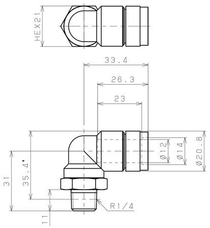 Bản vẽ kỹ thuật Đầu Nối Nhanh Khí Nén Cong 90° Phi 12mm Ren Ngoài R1/4 Pisco KL12-02