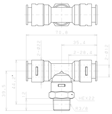 Bản vẽ kỹ thuật Đầu Nối Nhanh Khí Nén Dạng Chữ T Ren Ngoài Pisco APB12-03-TP
