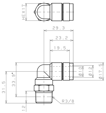 Bản vẽ kỹ thuật Đầu Nối Nhanh Khí Nén Cong 90° Phi 10mm Ren Ngoài R3/8 Pisco KL10-03
