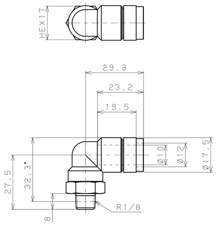 Bản vẽ kỹ thuật Đầu Nối Nhanh Khí Nén Cong 90° Phi 10mm Ren Ngoài R1/8 Pisco KL10-01