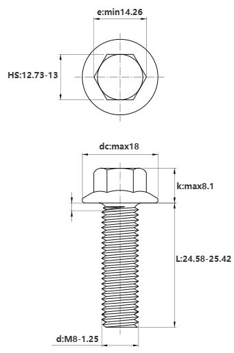 Bản vẽ kỹ thuật Bulong Đầu Bông Thép Mạ Kẽm 8.8 DIN6921 M8x25 (Không Khía)