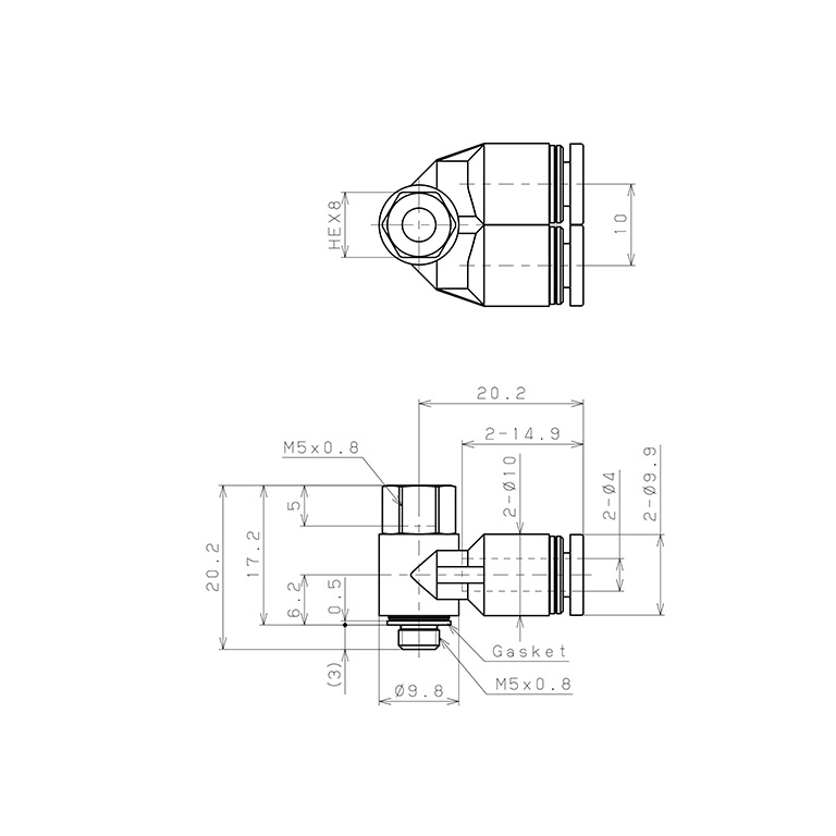 Bản vẽ kỹ thuật Đầu Nối Nhanh Khí Nén Hai Nhánh Cong 90° Đầu Lục Giác Trụ Ren Đực Cái Pisco PAF4-M5