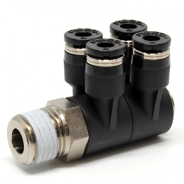 Đầu Nối Nhanh Khí Nén Bốn Nhánh Cong 90° Thân Lục Giác Trụ Ren Ngoài Pisco PAW4-02W