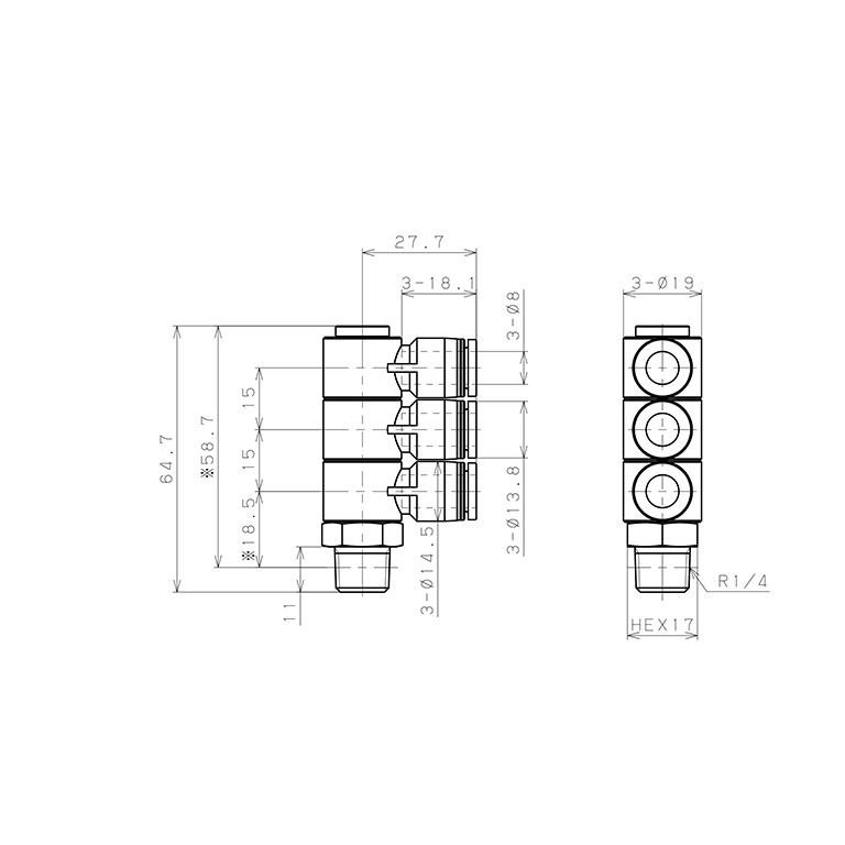 Bản vẽ kỹ thuật Đầu Nối Nhanh Khí Nén Ba Nhánh Cong 90° Thân Lục Giác Trụ Ren Ngoài Pisco PHT8-02-C