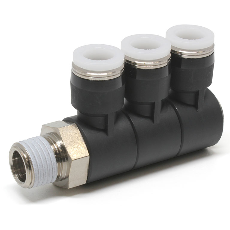 Đầu Nối Nhanh Khí Nén Ba Nhánh Cong 90° Thân Lục Giác Trụ Ren Ngoài Pisco PHT5/16-02
