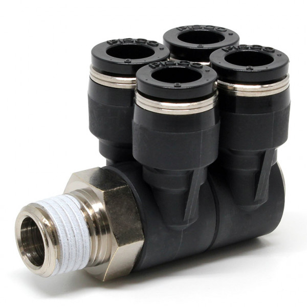 Đầu Nối Nhanh Khí Nén Bốn Nhánh Cong 90° Thân Lục Giác Trụ Ren Ngoài Pisco PAW8-02-C