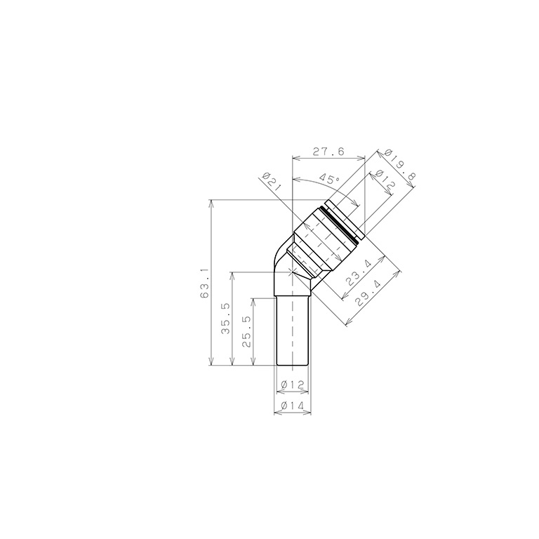 Bản vẽ kỹ thuật Đầu Nối Nhanh Khí Nén Giữa Ống Khí Và Fitting Dạng Cong 45° Pisco PLHJ12