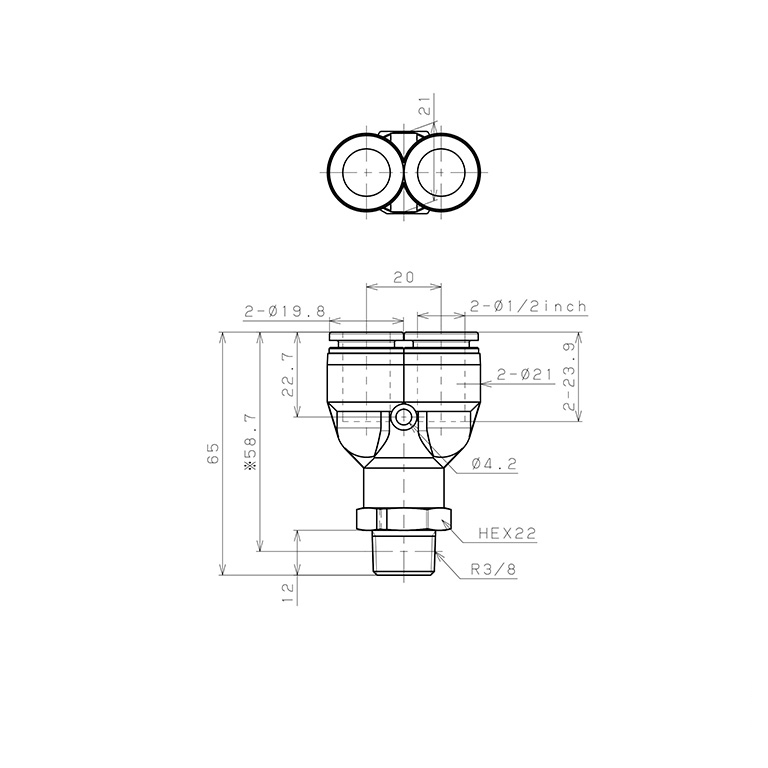 Bản vẽ kỹ thuật Đầu Nối Nhanh Khí Nén Dạng Chữ Y Ren Ngoài Pisco PPX1/2-03-HN