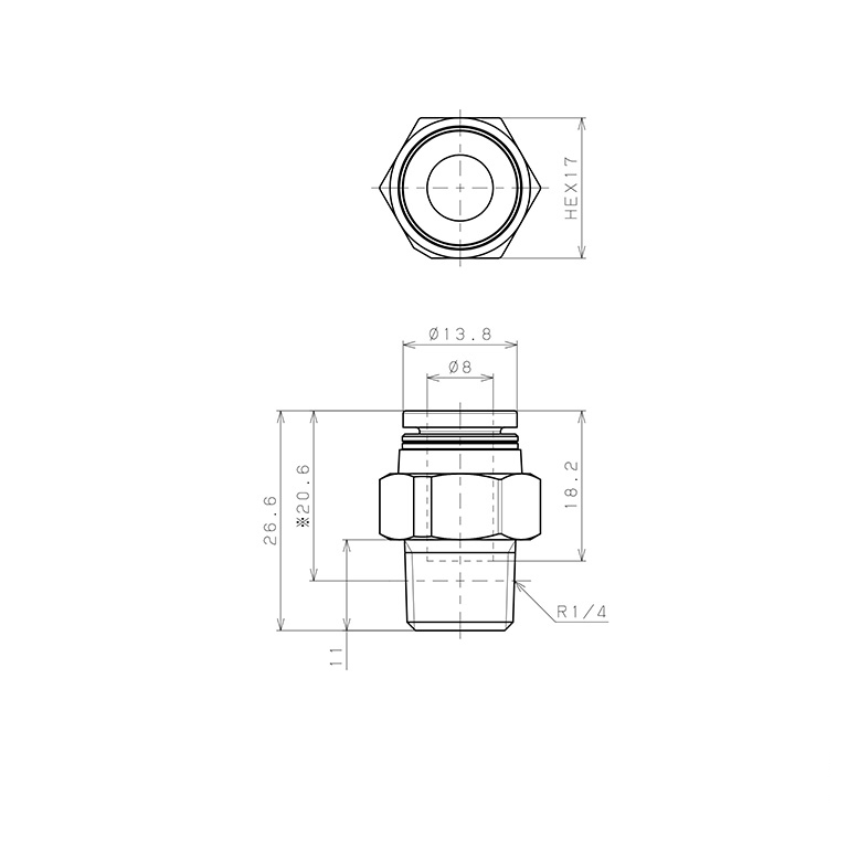 Bản vẽ kỹ thuật Đầu Nối Nhanh Khí Nén Dạng Thẳng Thân Lục Giác Ren Ngoài Pisco PPC8-02-F