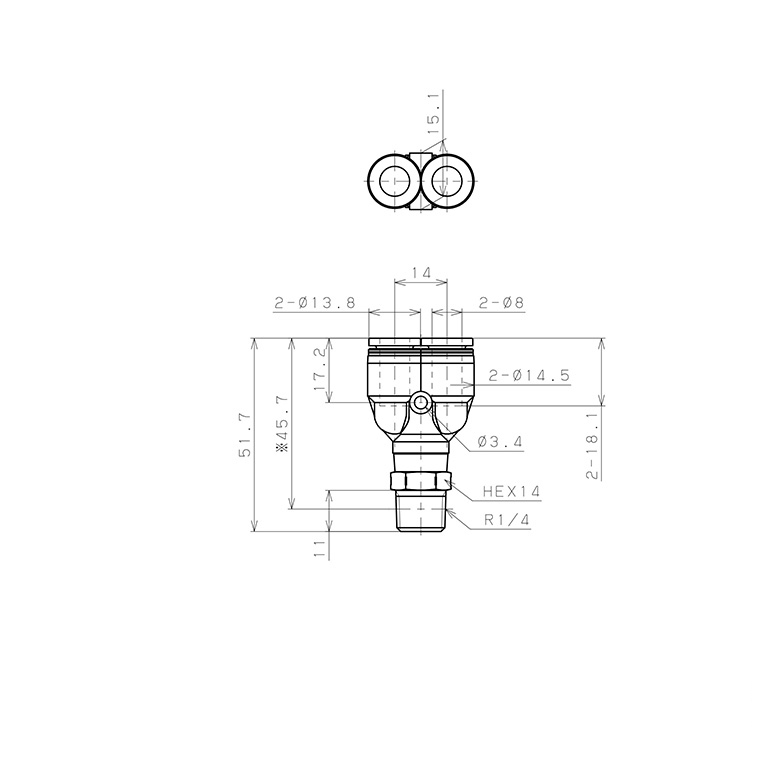 Bản vẽ kỹ thuật Đầu Nối Nhanh Khí Nén Dạng Chữ Y Ren Ngoài Pisco PPX8-02SUS