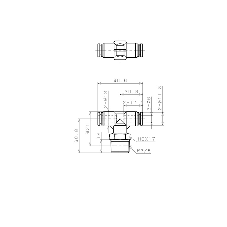 Bản vẽ kỹ thuật Đầu Nối Nhanh Khí Nén Dạng Chữ T Ren Ngoài Pisco PPB6-03SUS-S-C