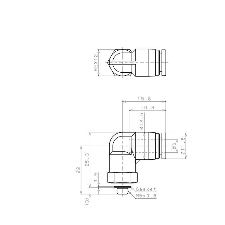 Bản vẽ kỹ thuật Đầu Nối Nhanh Khí Nén Dạng Cong 90° Ren Ngoài Pisco SPPL6-M5SP