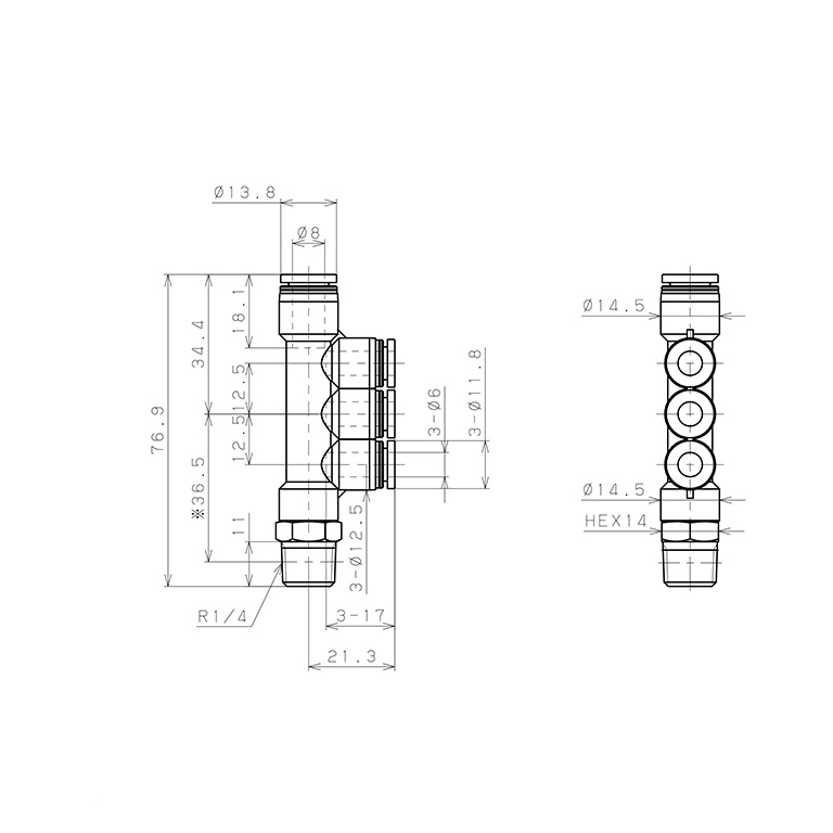 Bản vẽ kỹ thuật Đầu Nối Nhanh Khí Nén Dạng Chữ T Bốn Nhánh Ren Ngoài Pisco PKD8-6-02W
